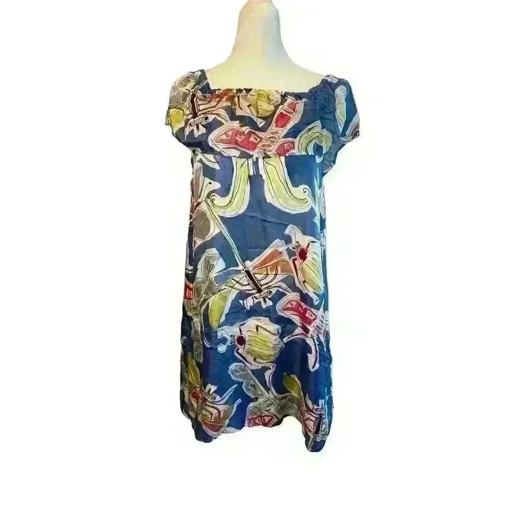 Vilagallo Watercolor Dragon Fly Print 100% Silk Dress Size 38 US Size 6-8